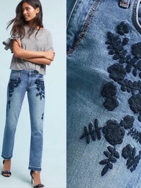 Anthropologie Pilcro Embroidered Slim Boyfriend Jeans Mid Rise Raw Hem Size 29